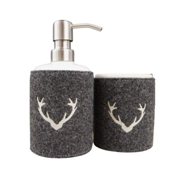 Accessoires salle de bain laine anthracite - Distributeur savon/porte brosse à dent