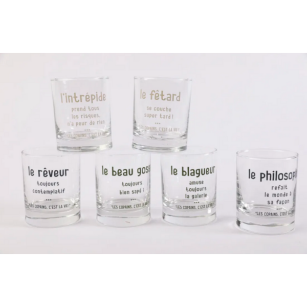 BOITE 6 VERRES GINA HT 9 CM 22 CL LES COPAINS C'EST LA VIE EN 06/12/82