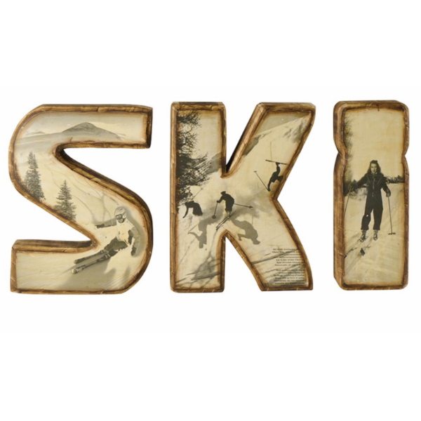 LETTRES DECOUPEES "SKI" EN BOIS AVEC PHOTOS INCRUSTEES NOIR ET BLANC D