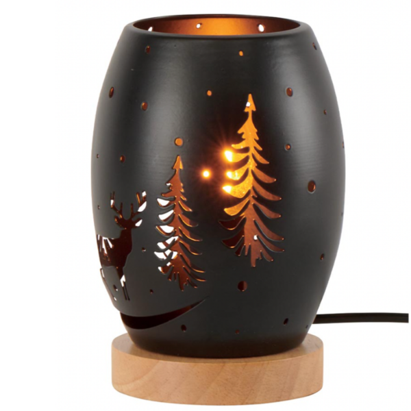 LAMPE OVALE METAL NOIR AJOURE MOTIF CERF ET SAPINS SOCLE BOIS NATUREL