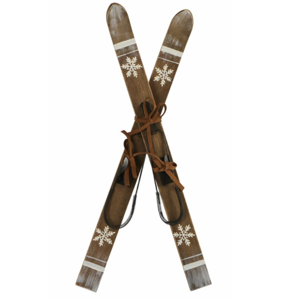 PAIRE DE VIEUX SKIS DECORATIFS EN BOIS ET FLOCONS BLANCS 18X60X7 CM BO