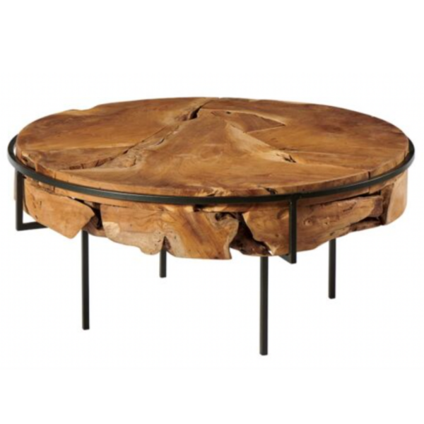 TABLE BASSE RONDE TECK + PIED METAL NOIR