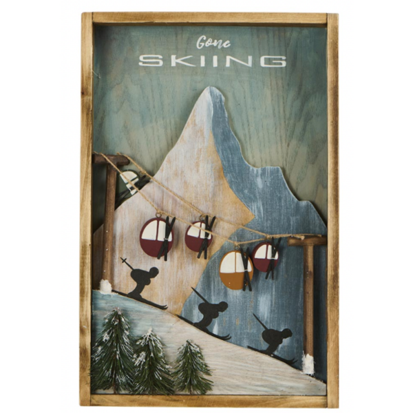 CADRE EN BOIS DECOR PISTE  DE MONTAGNE 3D AVEC TELECABINE ET SKIEURS "