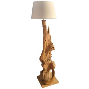 LAMPADAIRE BASE EN TECK ABAT-JOUR ROND EN COTON BLANC E27 MAX 40W 220-