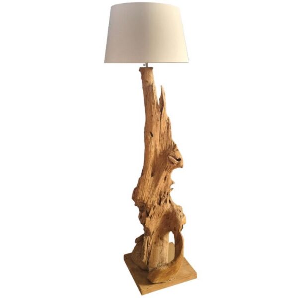 LAMPADAIRE BASE EN TECK ABAT-JOUR ROND EN COTON BLANC E27 MAX 40W 220-