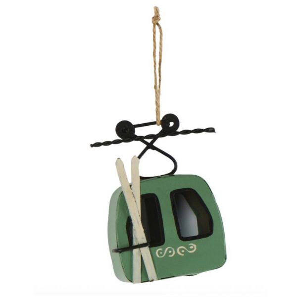 TELECABINE EN METAL VERT/NOIR, PAIRE DE SKIS BLANCS A SUSPENDRE 7X9,5X