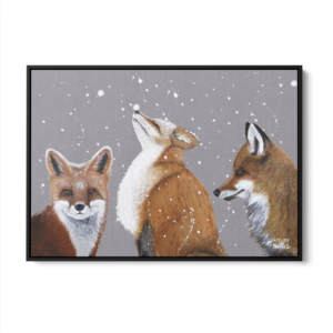 Toile Caisse Américaine Noir Triptyque Renard Neige